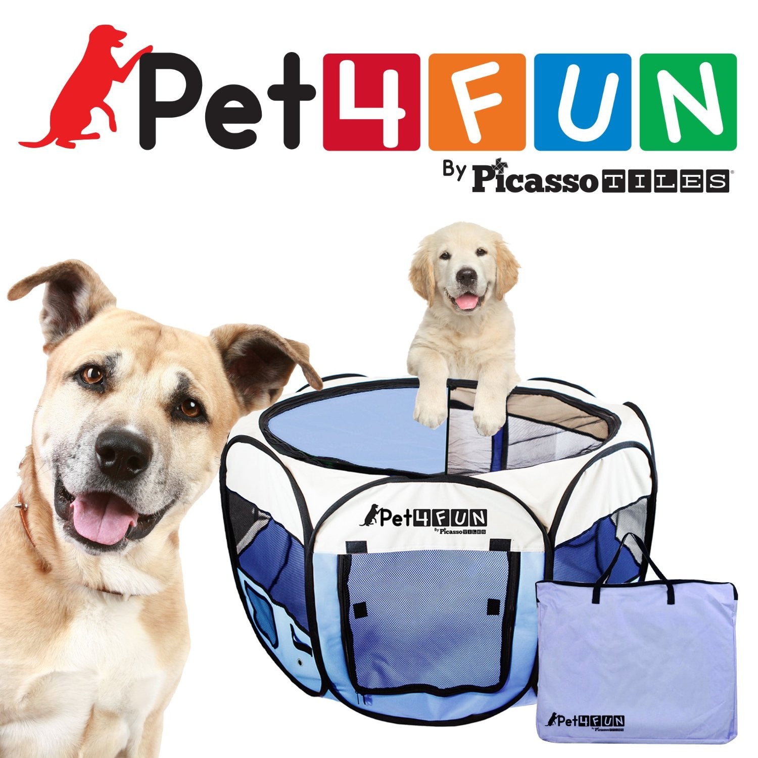 PET4FUN® PN945 Medium 43" Portable Pet Puppy Dog Cat Animal Playpen Yard Crates Kennel w/ Premium 600D Oxford Cloth, Tool-Free Setup, Carry Bag, Removable Security Mesh Cover/Shade, 2 Storage Pockets