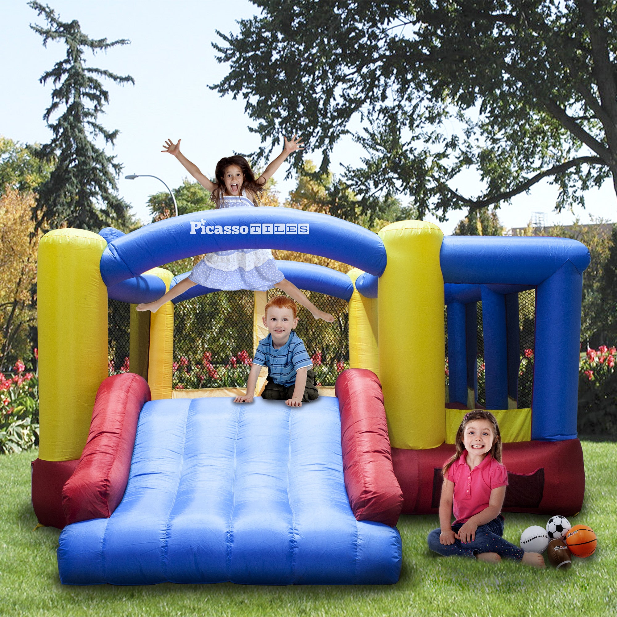 PicassoTiles KC102 12x10 Foot Inflatable Bouncer Jumping Bouncing House, Jump Slide and Dunk Playhouse Featuring Basketball Dunking Rim, 4 Sports Balls, Extended Slider, Full Size Entry, Quick Setup