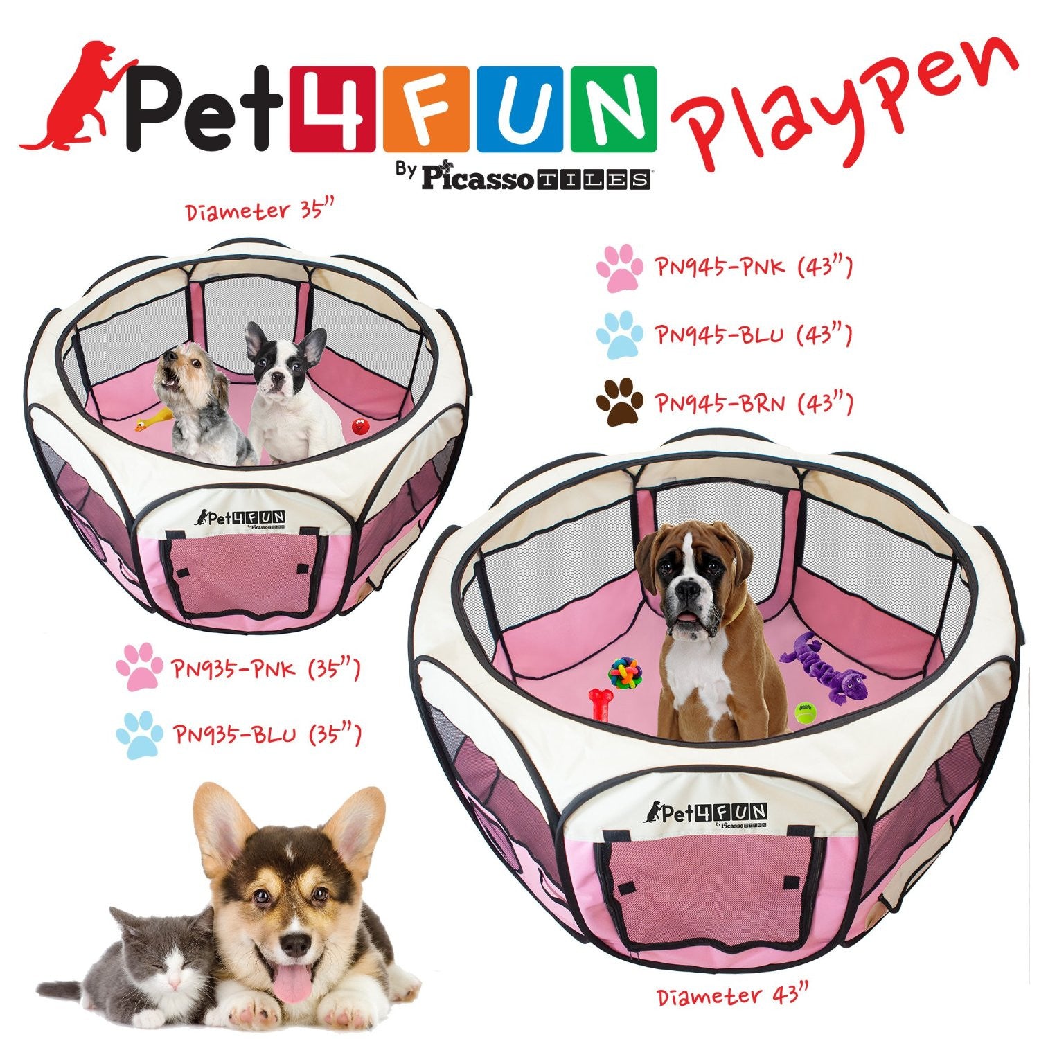 PET4FUN® PN935 35" Portable Pet Puppy Dog Cat Animal Playpen Yard Crates Kennel w/ Premium 600D Oxford Cloth, Tool-Free Setup, Carry Bag, Removable Security Mesh Cover/Shade, 2 Storage Pockets