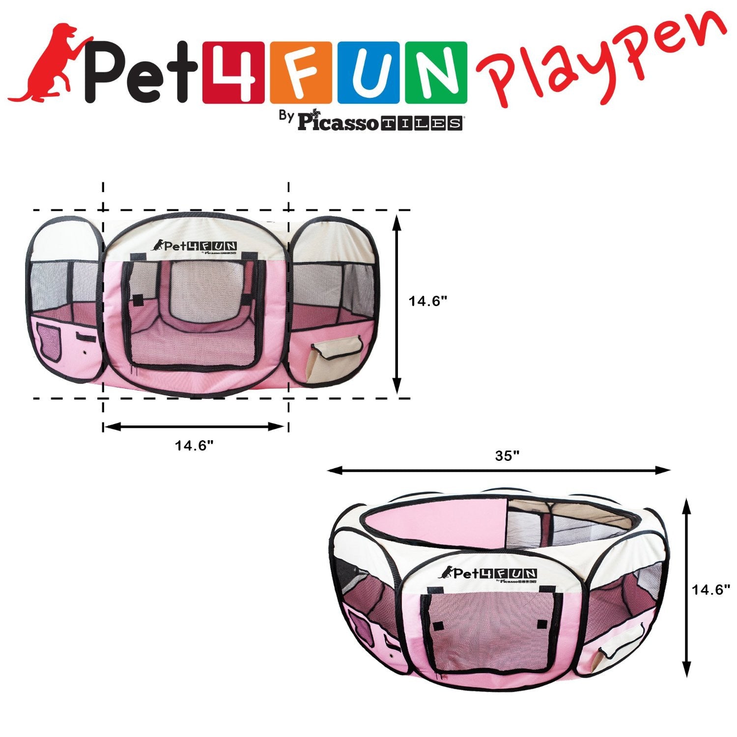 PET4FUN® PN935 35" Portable Pet Puppy Dog Cat Animal Playpen Yard Crates Kennel w/ Premium 600D Oxford Cloth, Tool-Free Setup, Carry Bag, Removable Security Mesh Cover/Shade, 2 Storage Pockets