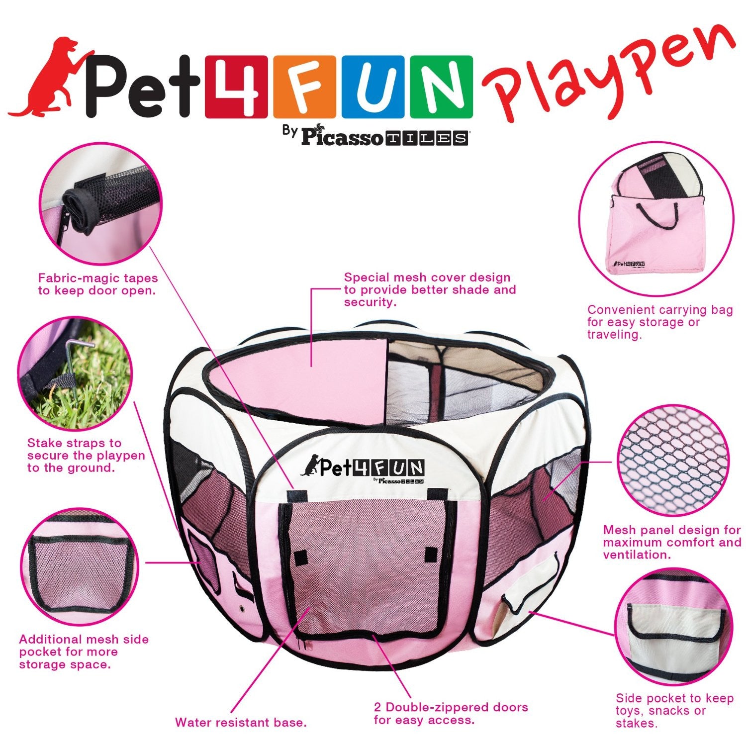 PET4FUN® PN935 35" Portable Pet Puppy Dog Cat Animal Playpen Yard Crates Kennel w/ Premium 600D Oxford Cloth, Tool-Free Setup, Carry Bag, Removable Security Mesh Cover/Shade, 2 Storage Pockets
