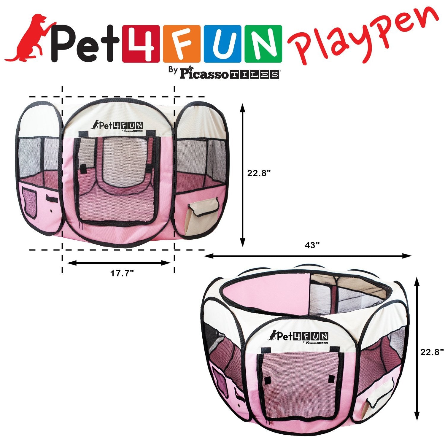 PET4FUN® PN945 Medium 43" Portable Pet Puppy Dog Cat Animal Playpen Yard Crates Kennel w/ Premium 600D Oxford Cloth, Tool-Free Setup, Carry Bag, Removable Security Mesh Cover/Shade, 2 Storage Pockets 