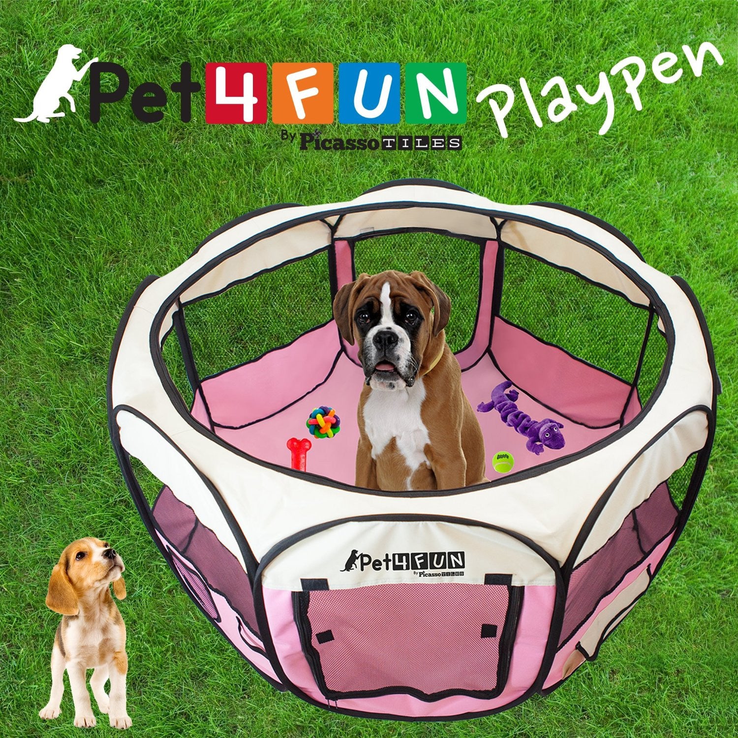 PET4FUN® PN945 Medium 43" Portable Pet Puppy Dog Cat Animal Playpen Yard Crates Kennel w/ Premium 600D Oxford Cloth, Tool-Free Setup, Carry Bag, Removable Security Mesh Cover/Shade, 2 Storage Pockets