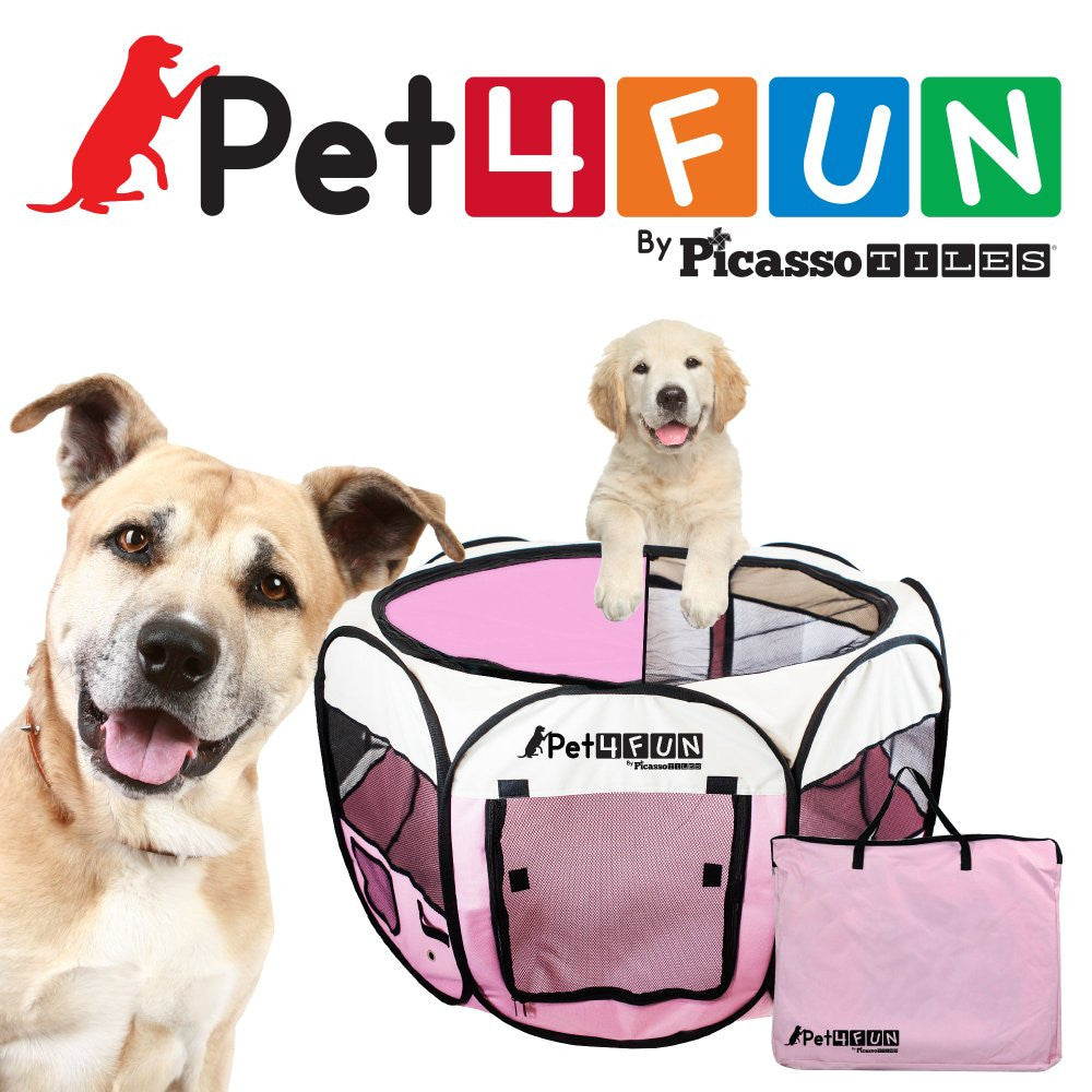 PET4FUN® PN945 Medium 43" Portable Pet Puppy Dog Cat Animal Playpen Yard Crates Kennel w/ Premium 600D Oxford Cloth, Tool-Free Setup, Carry Bag, Removable Security Mesh Cover/Shade, 2 Storage Pockets