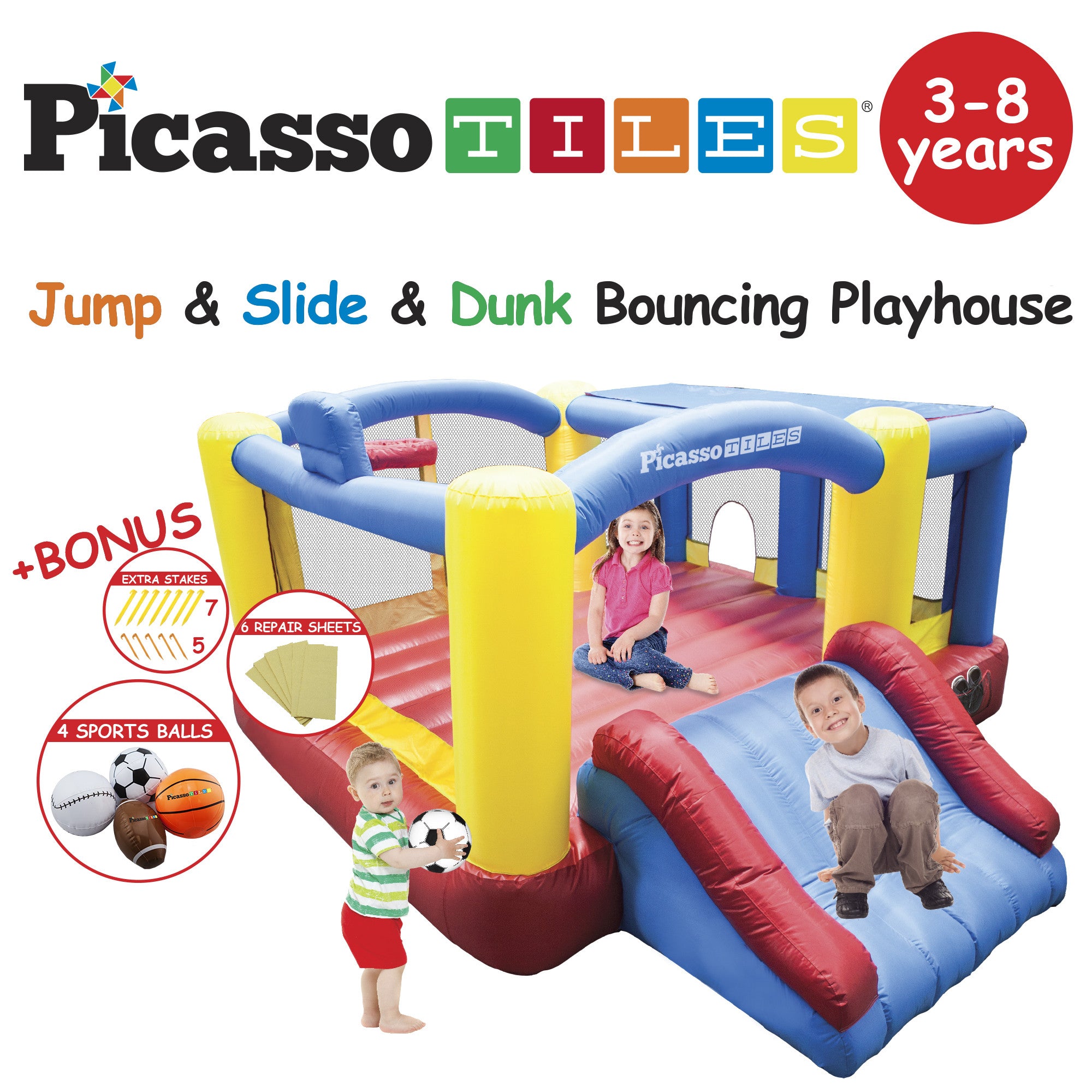 PicassoTiles KC102 12x10 Foot Inflatable Bouncer Jumping Bouncing House, Jump Slide and Dunk Playhouse Featuring Basketball Dunking Rim, 4 Sports Balls, Extended Slider, Full Size Entry, Quick Setup