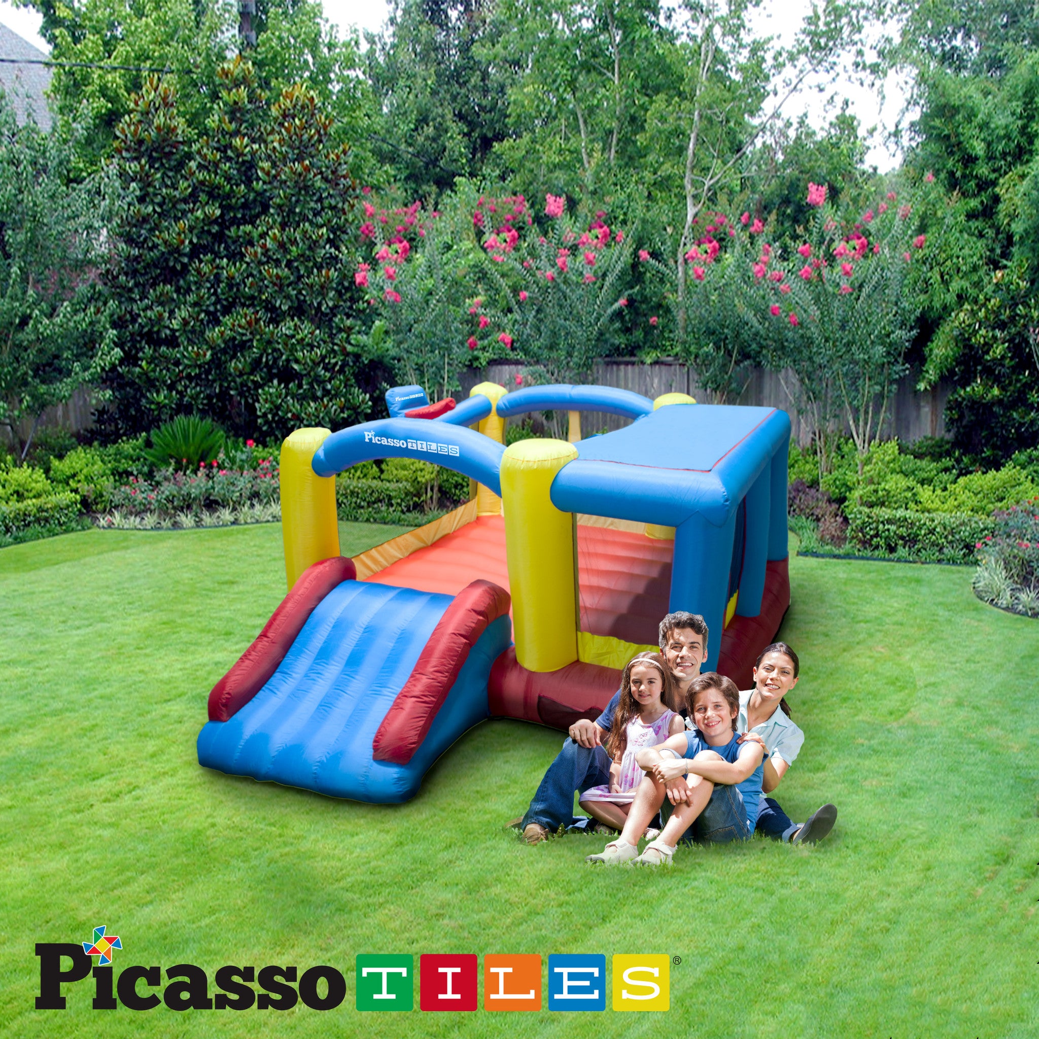 PicassoTiles KC102 12x10 Foot Inflatable Bouncer Jumping Bouncing House, Jump Slide and Dunk Playhouse Featuring Basketball Dunking Rim, 4 Sports Balls, Extended Slider, Full Size Entry, Quick Setup