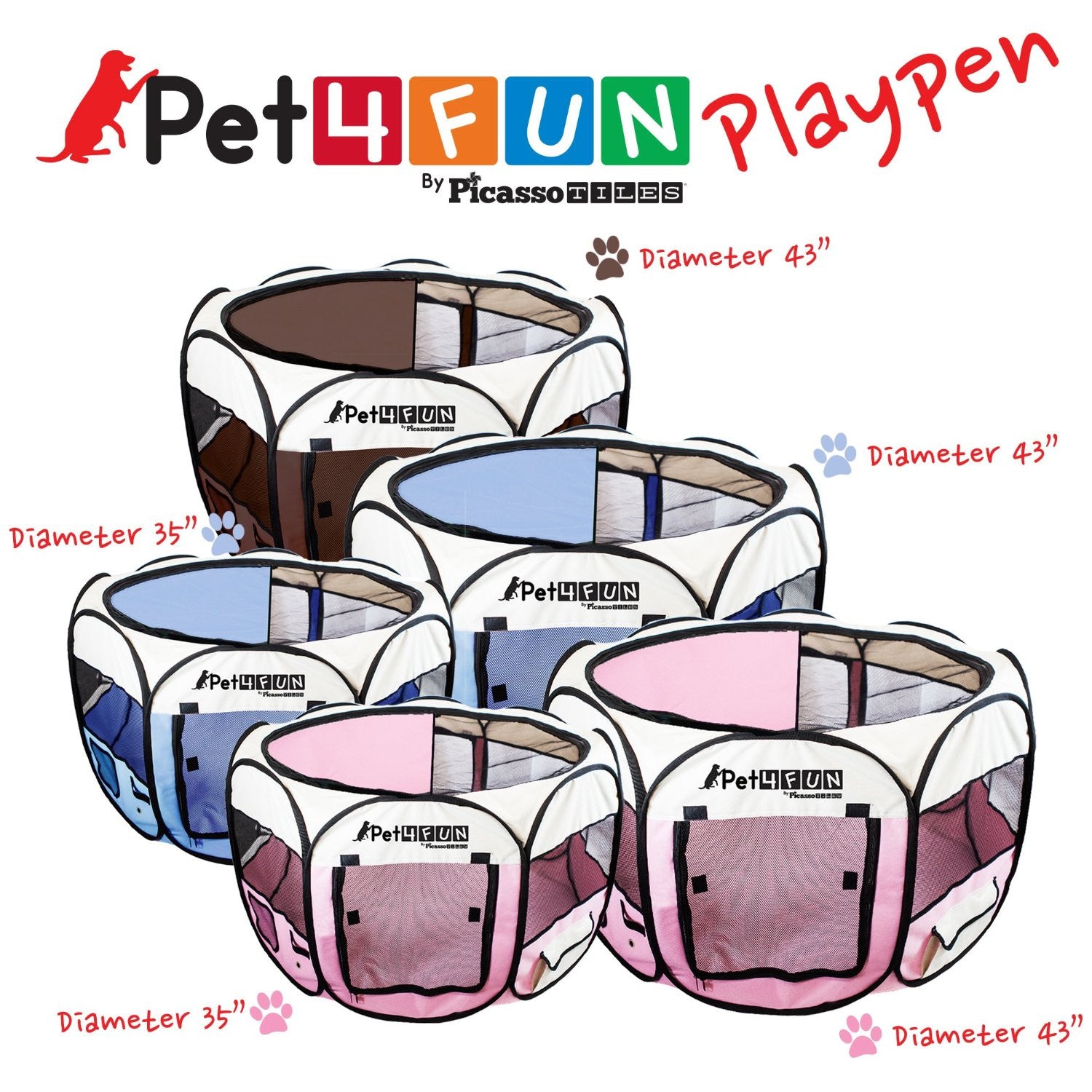 PET4FUN® PN935 35" Portable Pet Puppy Dog Cat Animal Playpen Yard Crates Kennel w/ Premium 600D Oxford Cloth, Tool-Free Setup, Carry Bag, Removable Security Mesh Cover/Shade, 2 Storage Pockets