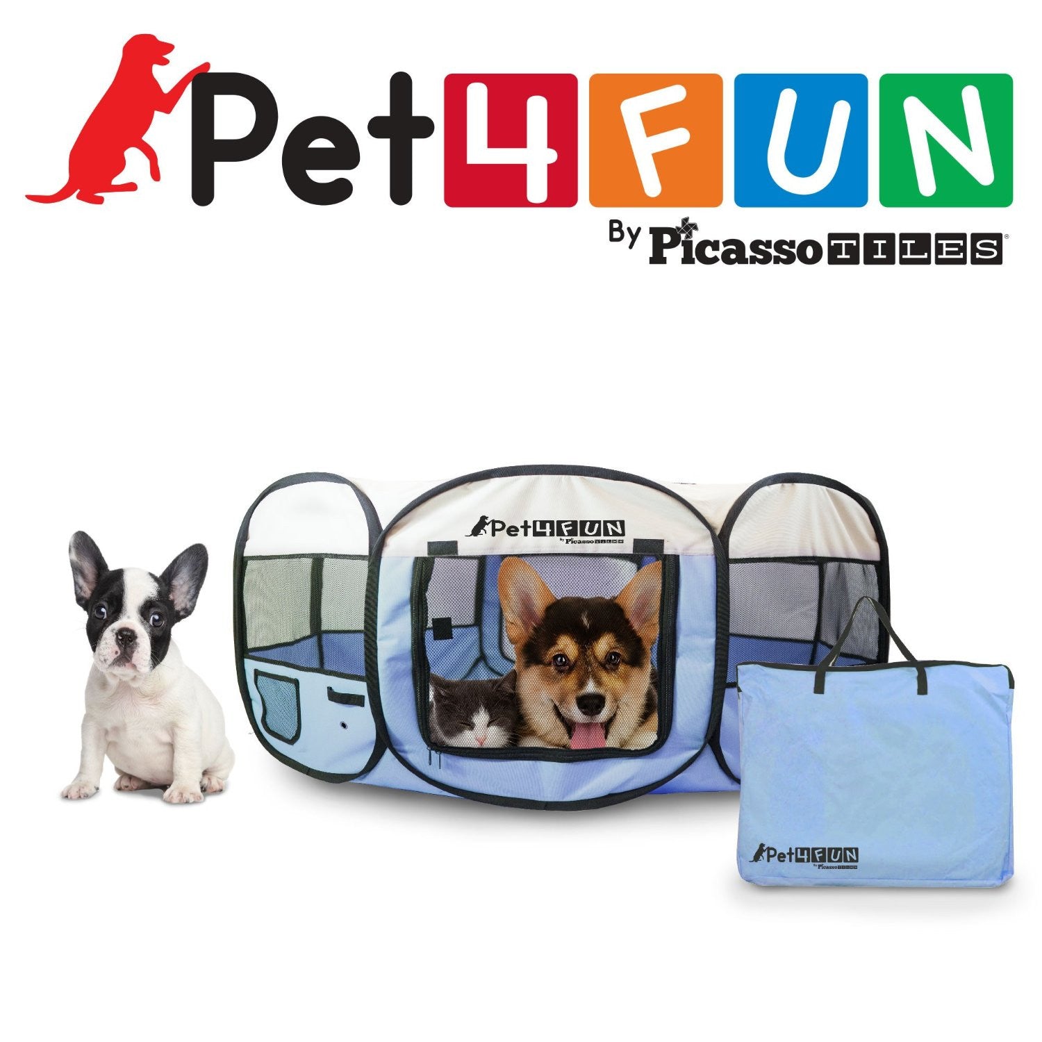 PET4FUN® PN935 35" Portable Pet Puppy Dog Cat Animal Playpen Yard Crates Kennel w/ Premium 600D Oxford Cloth, Tool-Free Setup, Carry Bag, Removable Security Mesh Cover/Shade, 2 Storage Pockets