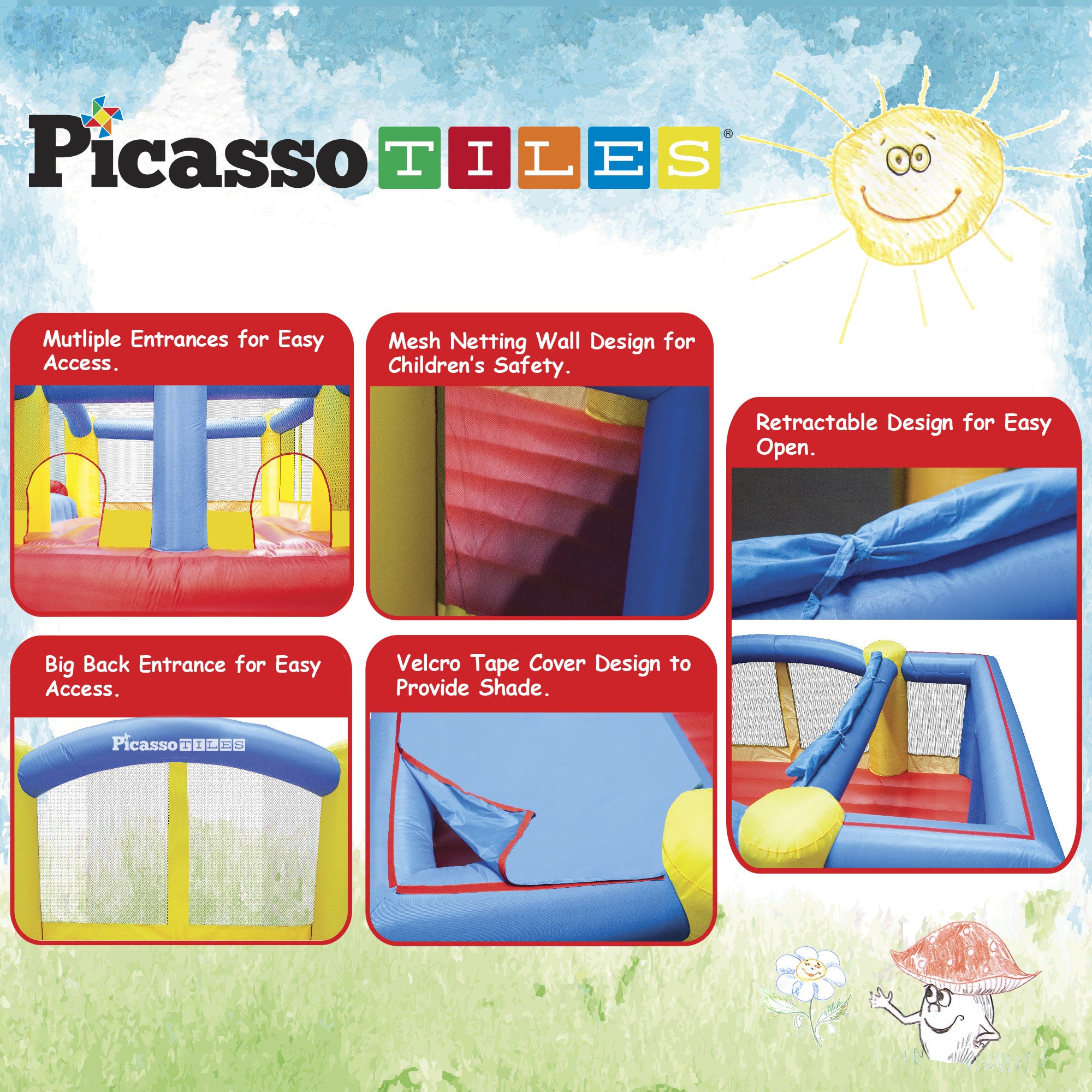 PicassoTiles KC102 12x10 Foot Inflatable Bouncer Jumping Bouncing House, Jump Slide and Dunk Playhouse Featuring Basketball Dunking Rim, 4 Sports Balls, Extended Slider, Full Size Entry, Quick Setup