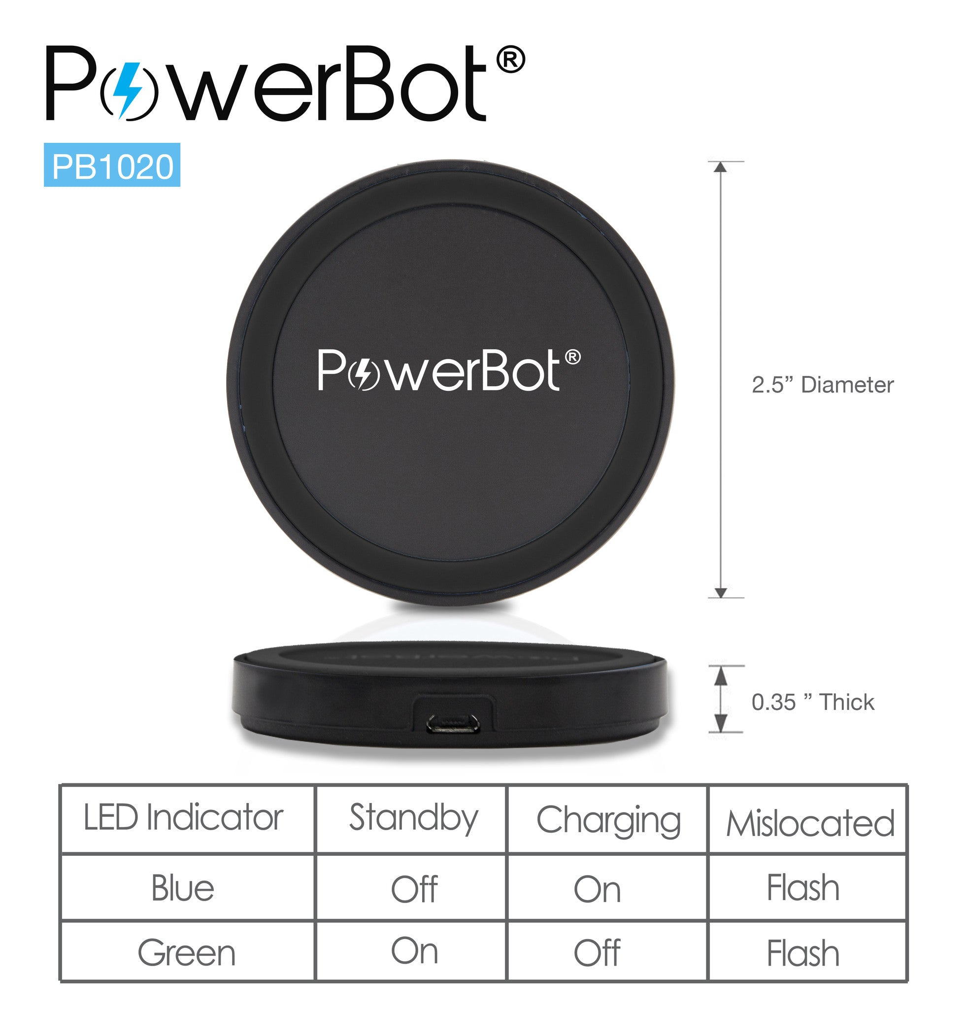 PowerBot® PB1020 Qi Charger Wireless Charge Qi-Enabled Inductive Charging Pad w/ Compliant Standard Smart LED for Samsung Galaxy Note, HTC, Nexus, Motorola Smart Watch, Smartphones, Tablets and More!