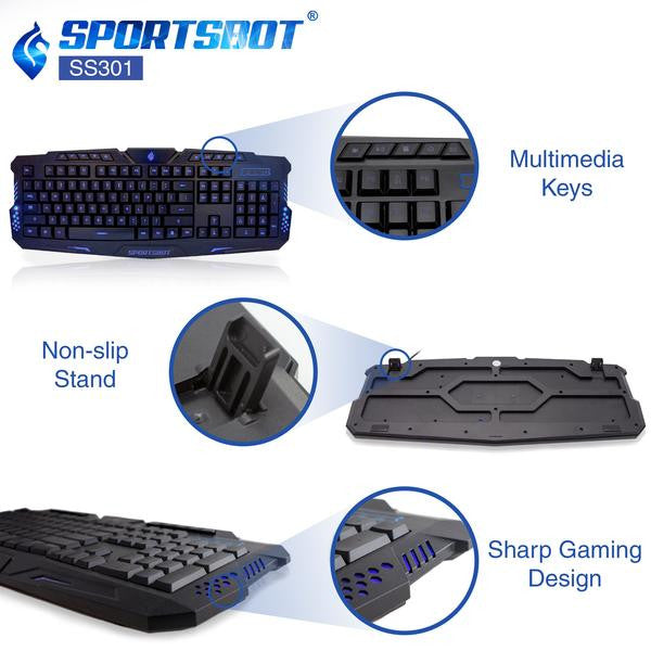 SportsBot® SS301 Blue LED Gaming Over-Ear Headset Headphone, Keyboard & Mouse Combo Set w/ 40mm Speaker Driver, High-Quality Microphone, Multimedia Keys & Window Key Lock, 4 DPI Levels (BLU)