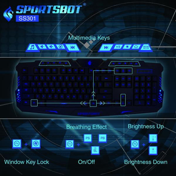 SportsBot® SS301 Blue LED Gaming Over-Ear Headset Headphone, Keyboard & Mouse Combo Set w/ 40mm Speaker Driver, High-Quality Microphone, Multimedia Keys & Window Key Lock, 4 DPI Levels (BLU)