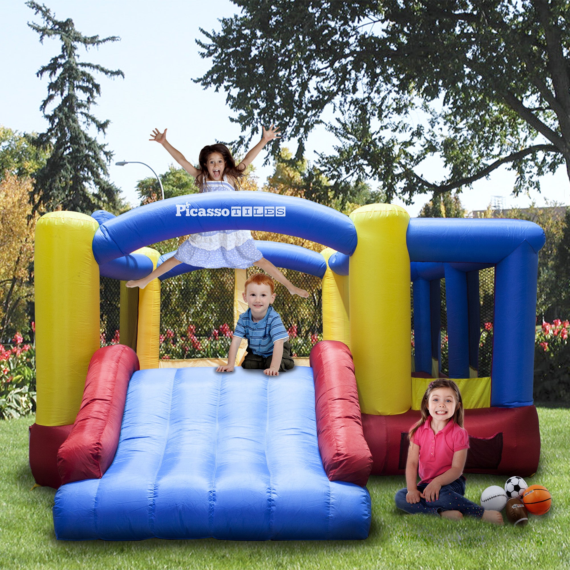 PicassoTiles KC102 12x10 Foot Inflatable Bouncer Jumping Bouncing House,  Jump Slide and Dunk Playhouse Featuring Basketball Dunking Rim, 4 Sports