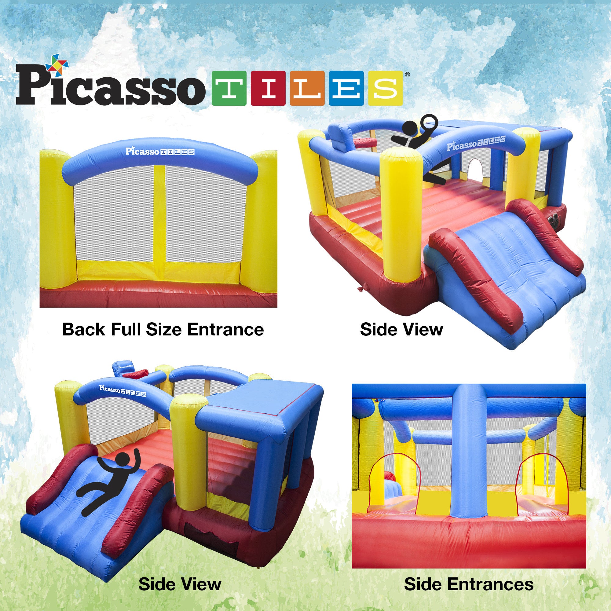 PicassoTiles KC102 12x10 Foot Inflatable Bouncer Jumping Bouncing House, Jump Slide and Dunk Playhouse Featuring Basketball Dunking Rim, 4 Sports Balls, Extended Slider, Full Size Entry, Quick Setup