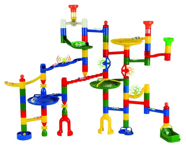 Marbulous Marble Run - 82 Pieces + 50 Marbles (Total 132 Pc Set) Sturdy Setups with Clear Step-by-step Illustrated Instructions in Four Different Skills Levels With Reusable Plastic Bucket