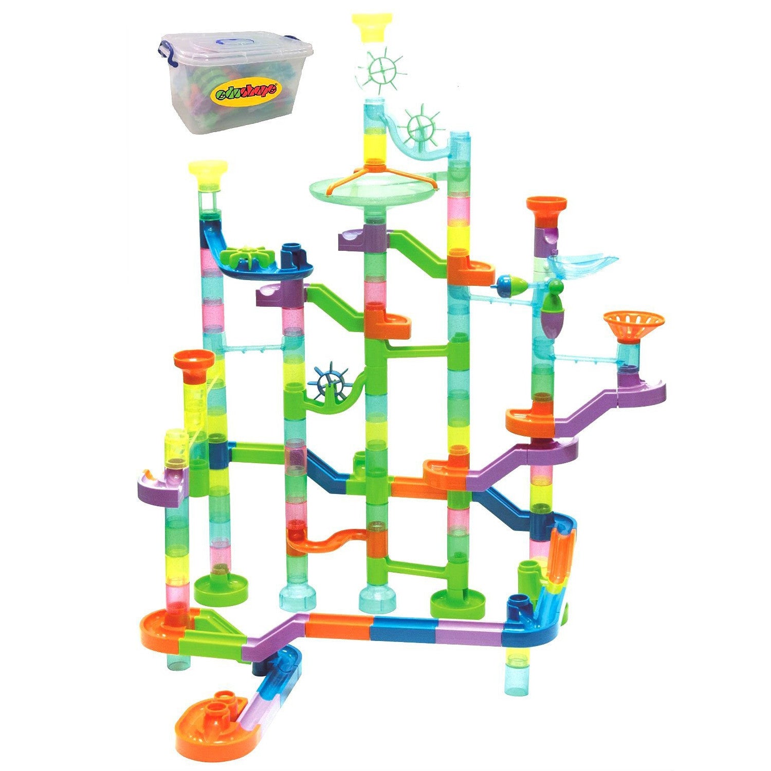 Edushape Marbulous Neon Translucent Marble Run 125 Piece Set + 55 Marbles in Reusable Plastic Bucket