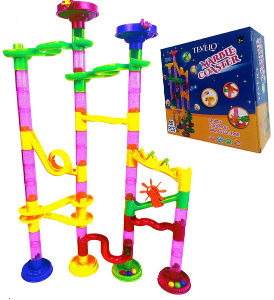 Marble Run Coaster 55 Piece Set with 40 Building Blocks+15 Plastic Race Marbles. Learning Railway Construction. TEVELO® DIY Constructing Maze Toy for All Family. Classic Endless Track Design Fun Kit