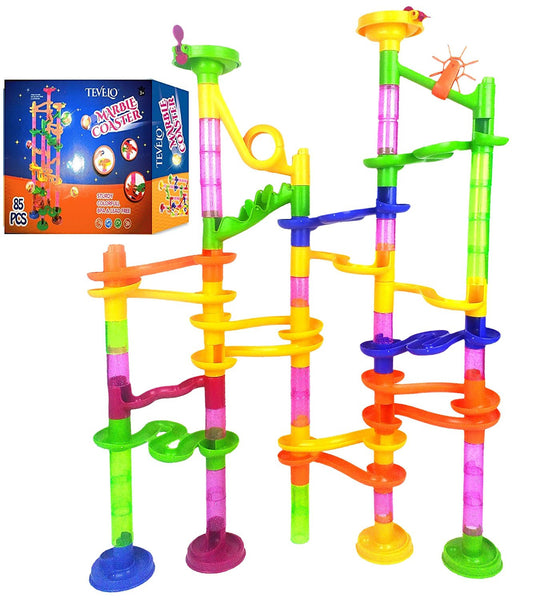 Marble Run Coaster 85 Piece Set with 55 Building Blocks+30 Plastic Race Marbles. Learning Railway Construction. TEVELO® DIY Constructing Maze Toy for All Family. Classic Endless Track Design Fun Kit