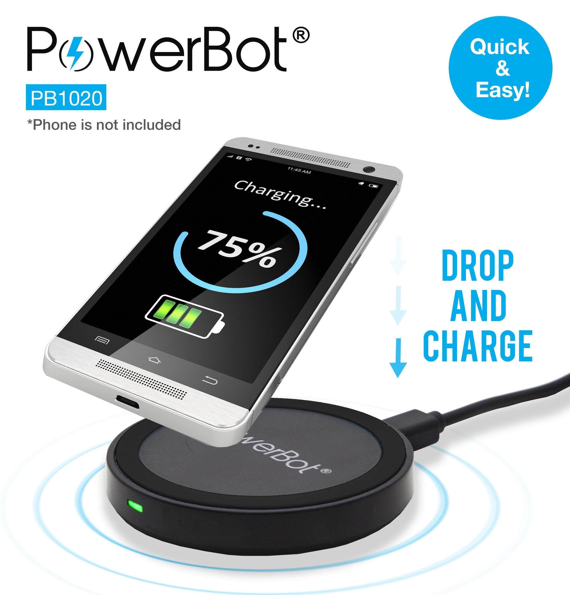 PowerBot® PB1020 Qi Charger Wireless Charge Qi-Enabled Inductive Charging Pad w/ Compliant Standard Smart LED for Samsung Galaxy Note, HTC, Nexus, Motorola Smart Watch, Smartphones, Tablets and More!