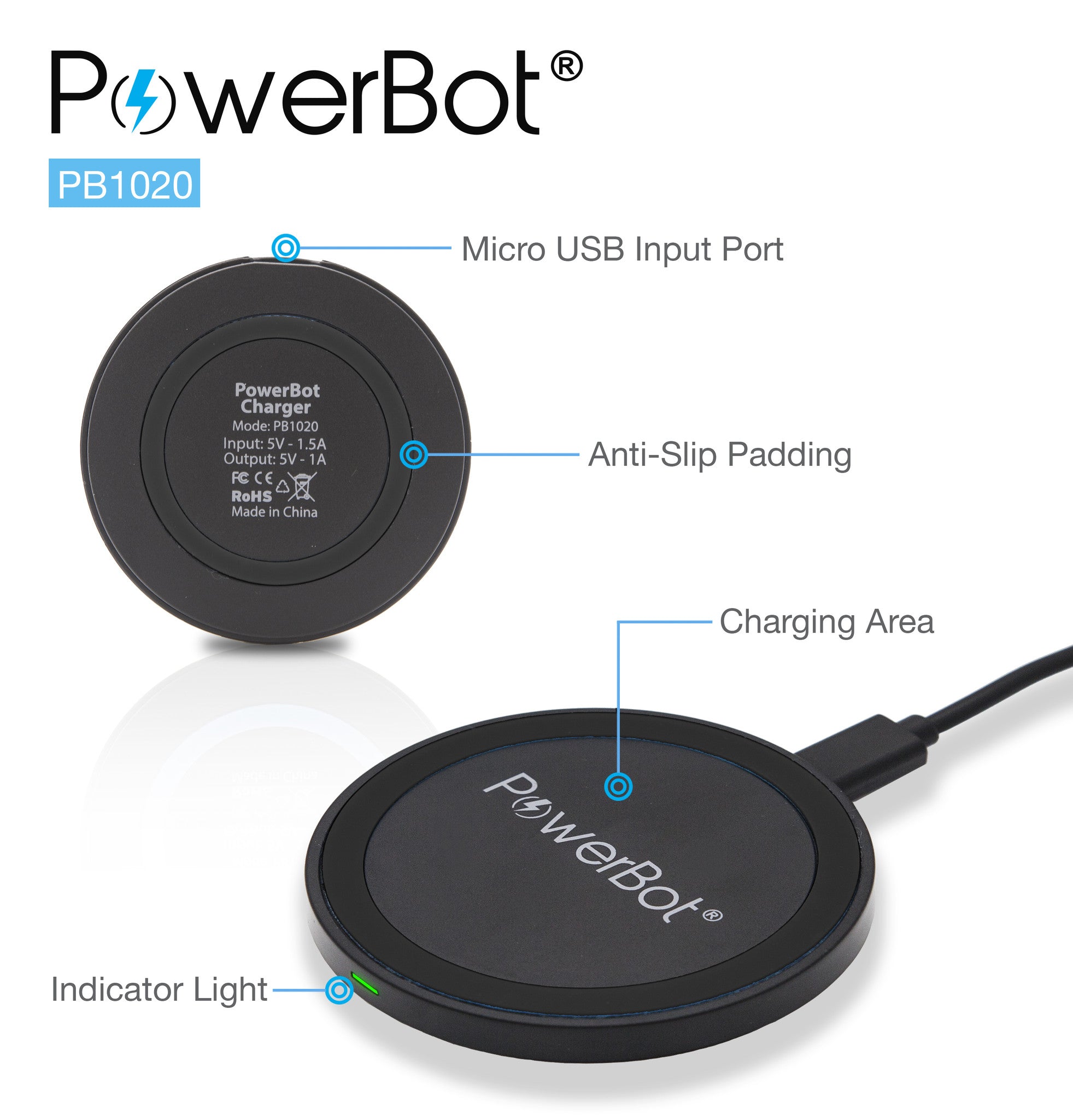 PowerBot® PB1020 Qi Charger Wireless Charge Qi-Enabled Inductive Charging Pad w/ Compliant Standard Smart LED for Samsung Galaxy Note, HTC, Nexus, Motorola Smart Watch, Smartphones, Tablets and More!