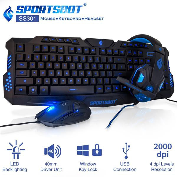SportsBot® SS301 Blue LED Gaming Over-Ear Headset Headphone, Keyboard & Mouse Combo Set w/ 40mm Speaker Driver, High-Quality Microphone, Multimedia Keys & Window Key Lock, 4 DPI Levels (BLU)